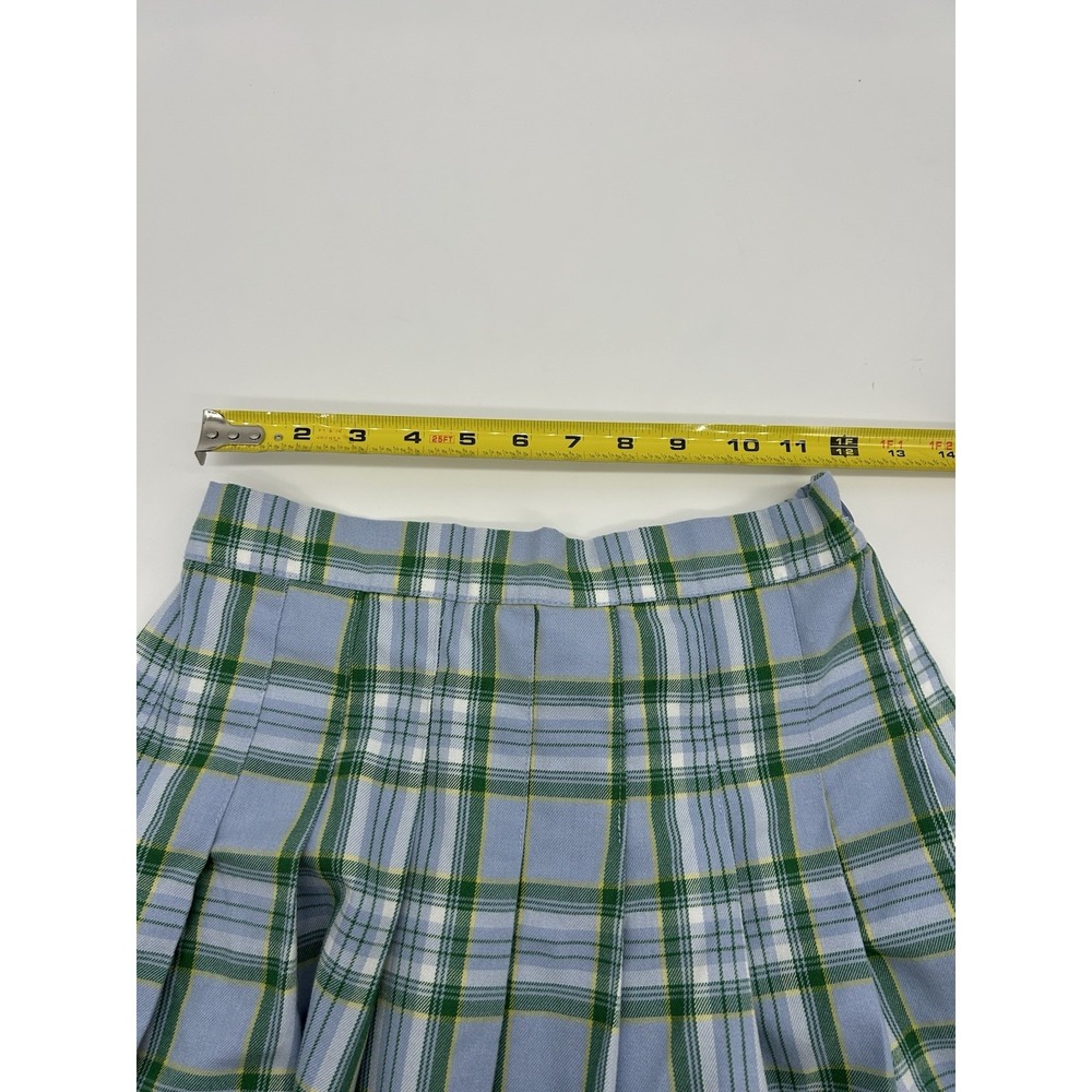 AERIE BLUE PLAID SKIRT Small PLEATED PLEATS TWILL ELASTIC WAIST GREEN WHITE - Picture 5 of 6
